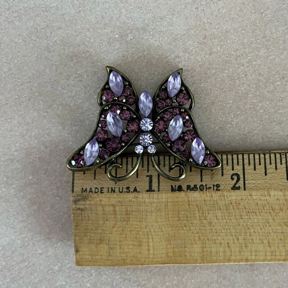 Vintage Style Purple Rhinestone Butterfly Brooch | Gold Tone Statement Pin